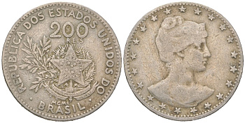 Бразилия 200 реалов 1901 MCMI, голова свободы вправо KM 504 медно-никель 4612-314