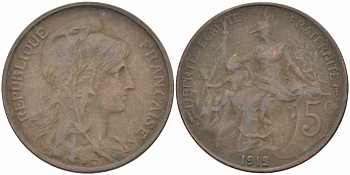 ФРАНЦИЯ 5 САНТИМОВ 1912 ТИП ДАНИЭЛЬ ДЮПЮИ KM 842, LE FRANC 119.24 бронза 108-941