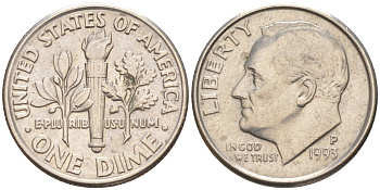 США 10 ЦЕНТОВ = 1 ДАЙМ 1993 P, РУЗВЕЛЬТ KM 195a медь плакированная медно-никелем 187-1069