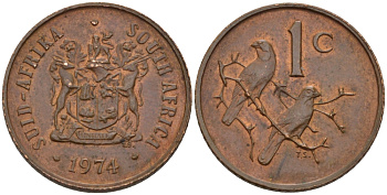 ЮАР 1 цент 1974 герб, капские воробьи KM 82 бронза 66-254