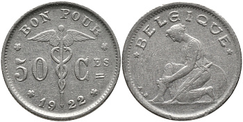 Бельгия 50 сантимов 1922 Belgique, Альберт I (1910-1934) KM 87 никель 4385-619