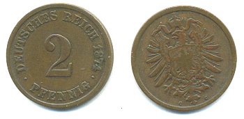 ГЕРМАНИЯ 2 ПФЕННИГА 1874 С, СТАРОГЕРБОВКА KM 2, J. 2 медь 3999-1163