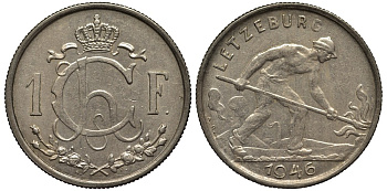 Люксембург 1 франк 1946 Шарлотта (1918-1964), сталевар KM 46.1 медно-никель 4538-916