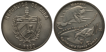 Куба 1 песо 2009 серия исчезающие виды животного мира, ламантин и кубинский погоныш KM 910 медно-никель UNC 00-00