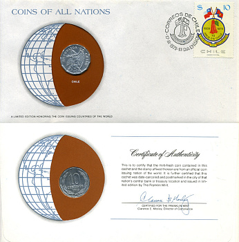 ЧИЛИ 10 СЕНТАВО 1979 конверт с маркой первого дня гашения, Coins of Nations KM 205а алюминий UNC 4294-74-1