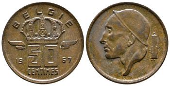 Бельгия 50 сантимов 1967 Belgie, Бодуэн I (1951-1993) KM 149.1 бронза 4383-1139