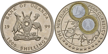 Уганда 1000 шиллингов 1999 ЕВРО монеты - Германия, 1 евро KM 268 медно-никель 1095-1-24