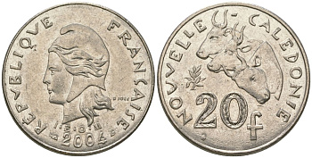 Французская Новая Каледония 20 франков 2004 три быка, (IEOM) KM 12, Schoen 14, Lec 115h никель 81-642