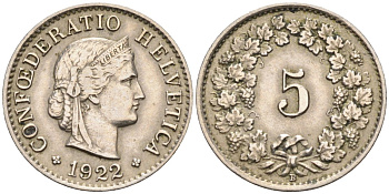 Швейцария 5 раппенов 1922 В KM 26 медно-никель 4549-553