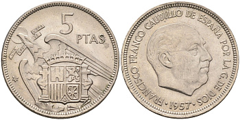 Испания 5 песет 1957 (67) Франсиско Франко (1939-1975) KM 786 медно-никель aUNC 4583-1143