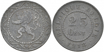 БЕЛЬГИЯ 25 САНТИМОВ 1918 BELGIQUE-BELGIE, ГЕРМАНСКАЯ ОККУПАЦИЯ, ПЕРВАЯ МИРОВАЯ ВОЙНА KM 82 цинк 69-225