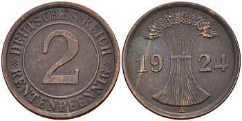 Германия 2 рентенпфеннига 1924 А KM 31 J.307 бронза 4589-121