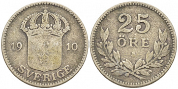Швеция 25 эре 1910 W, Густав V (1907-1950), LARGE CROSS KM 785 серебро 3309-852