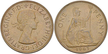Великобритания 1 пенни 1963 Елизавета II (1952-2022) KM 897, Spink 4157 бронза 180-132