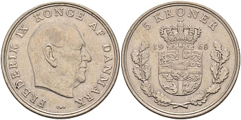 Дания 5 крон 1968 Фредерик IX (1947-1972) KM 853.1 медно-никель 4368-433