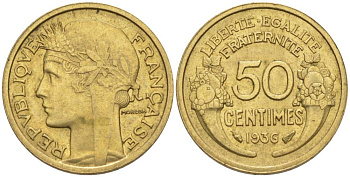ФРАНЦИЯ 50 САНТИМОВ 1936 ТИП MORLON KM 894.1, LE FRANC 192.12 алюминиевая бронза 44-742