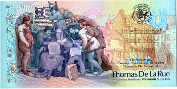 АНГЛИЯ СУВЕНИРНАЯ БАНКНОТА 1991 TOMAS DE LA RUE , ПЕРВЫЙ ВСЕЕВРОПЕЙСКИЙ СЛЕТ БОННИСТОВ В МААСТРИКСЕ 1991 бумага UNC (ПРЕСС) 7146-41-1-2