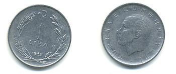 Турция 1 лира 1965 Мустафа Кемаль Ататюрк KM 889а.1 нержавеющая сталь 176-1123