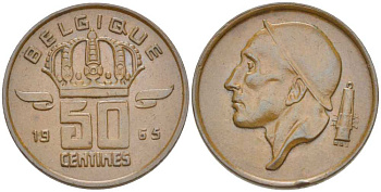 БЕЛЬГИЯ 50 САНТИМОВ 1965 BELGIQUE, БОДУЭН I (1951-1993) KM 148.1 бронза 214-453