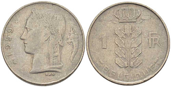 БЕЛЬГИЯ 1 ФРАНК 1959 BELGIQUE, БОДУЭН I (1951-1993) KM 142.1 медно-никель 202-1012