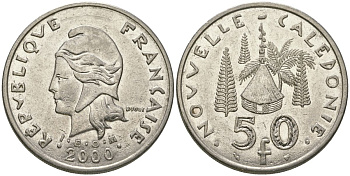 Французская Новая Каледония 50 франков 2000 хижина среди сосен и пальм, (IEOM) KM 13, Schoen 15, Lec 121 никель 111-632