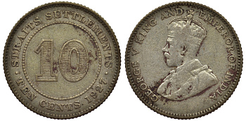 Стрейтс-Сетлментс 10 центов 1927 Георг V (1910-1936) КМ 29b серебро 53-621