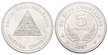 Никарагуа 5 кордоб 2007 KM 90a сталь плакированная никелем UNC 4624-323