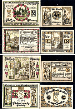 Зангерхаузен (Пруссия, Саксония) полный набор из 4 нотгельдов (5, 10, 25 и 50 пфеннигов) 1921 Mehl Grabowski 1163.1a и 1163.1b бумага UNC (пресс) 7556-66-1-2