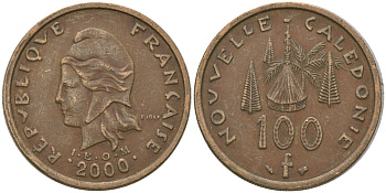 Французская Новая Каледония 100 франков 2000 хижина среди сосен и пальм, (IEOM) KM 15, Schoen 16, Lec 139d никель латунь 4144-534