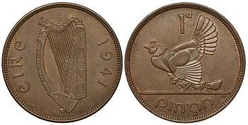 Ирландия 1 пенни 1941 курица с цыплятами KM 11 бронза aUNC 272-1713