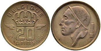 БЕЛЬГИЯ 20 САНТИМОВ 1953 BELGIQUE KM 146 бронза 4392-846