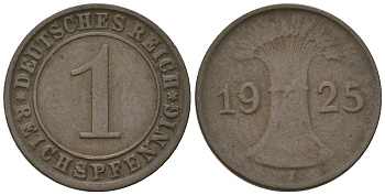 Германия 1 рейхспфенниг 1925 J KM 37, J. 313 бронза 3458-1129