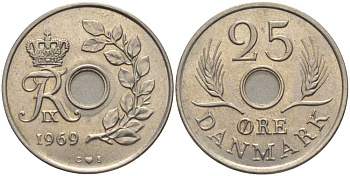 Дания 25 эре 1969 С;S, Фредерик IX (1947-1972) KM 855 медно-никель 202-736