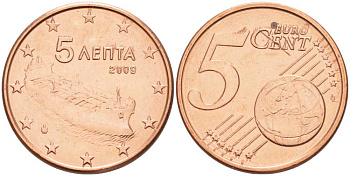 ГРЕЦИЯ 5 ЕВРОЦЕНТОВ 2009 KM 183 сталь плакированная медью UNC 214-356