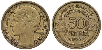 Франция 50 сантимов 1932 тип Morlon, closed 9 KM 894.1, Le Franc 192.9 алюминиевая бронза 4124-345