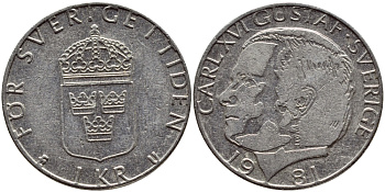 Швеция 1 крона 1981 Карл XVI Густав (1973- ) KM 852 медь плакированная медно-никелем 4397-1027