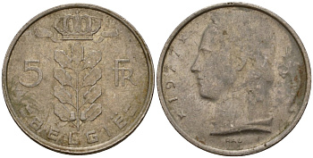 Бельгия 5 франков 1977 Belgie, Бодуэн I (1951-1993) KM 135 медно-никель 4395-721