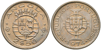 Ангола 2 1/2 эскудо 1974 KM 77 медно-никель UNC 4621-654