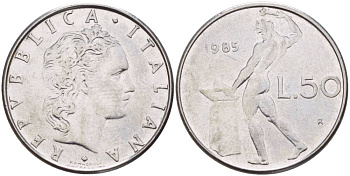 ИТАЛИЯ 50 ЛИР 1985 R, БОГ ОГНЯ ВУЛКАН У НАКОВАЛЬНИ KM 95.1 нержавеющая сталь 4551-415