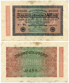 ГЕРМАНИЯ 20000 МАРОК 1923 20 ФЕВРАЛЯ 1923, ВОДЯНОЙ ЗНАК Е, В ЗВЁЗДАХ G/D Pick 85b бумага 7486-75-1