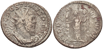 Римская Империя (императоры в Галлии) антониниан 260 - 269 Постум. IMP C POSTVMVS P F AVG / FIDES MILITVM, Фидея, персонификация Верности, с боевыми штандартами, Колония Агриппины, Very fine RIC 59 биллон 1073-12-54