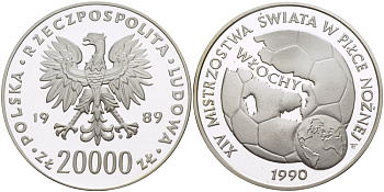 Польша 20000 злотых 1989 MW, чемпионат мира по футболу в Италии 1990 года, мяч и глобус KM 223, Parchimowicz 370 серебро PROOF 00-00