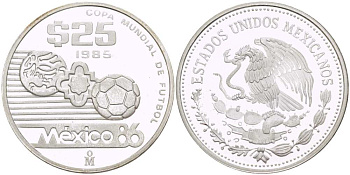 Мексика 25 песо 1985 чемпионат мира по футболу в Мексике 1986 года KM 503 серебро PROOF 1080-1-32