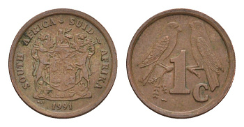 ЮАР 1 цент 1991 герб, капские воробьи KM 132 сталь плакированная медью 4608-626