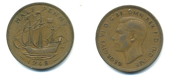 Великобритания 1/2 пенни 1948 Георг VI (1936-1952) KM 844, Spink 4115 бронза 4383-1031