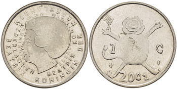 Нидерланды 1 гульден 2001 прощай гульден, детский рисунок, лев с флагом в руках KM 233 никель 86-1415