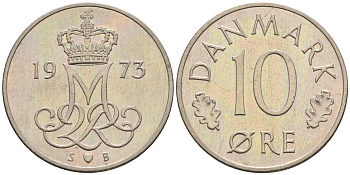 Дания 10 эре 1973 S. B, Маргрете II (1972-) КМ 860.1 медно-никель    4169-314