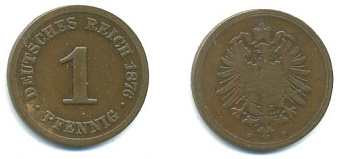 Германия 1 пфенниг 1876 F KM 1, J. 1, Weege 1 медь 00-00