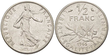 Франция 1/2 франка 1965 сеятель KM 931, Le Franc 198.3 никель 218-1215