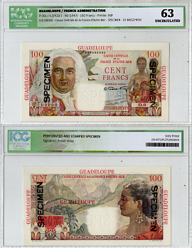 Гваделупа 100 франков ND (1947) SPECIMEN - образец в слабе ICG 63 (Uncirculated). Бертран-Франсуа Маэ, граф де ла Бурдонне; супружеская пара, женщина Pick 35 s  бумага  UNC (пресс) 10-2-34